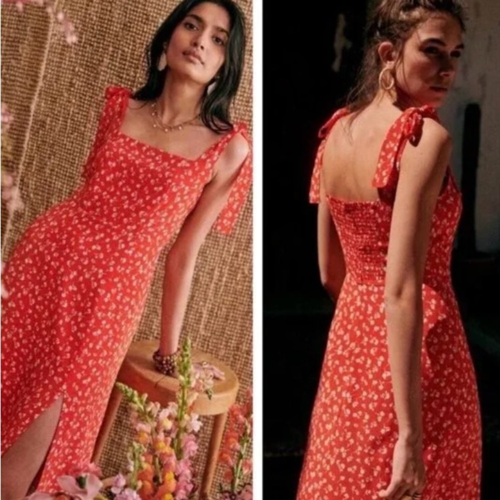 Sezane Dorotha Red Floral Midi Dress - Size 36 / US 4